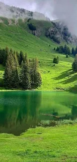 Serene mountain lake with lush greenery.