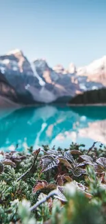 A tranquil lake with mountains and greenery in the background.