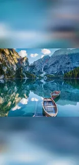 Serene mountain lake with two boats and stunning natural reflections.