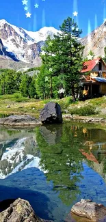 Serene mountain lake with cabin reflection and vibrant nature.