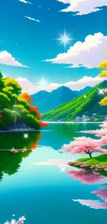 Vibrant mountain lake with cherry blossoms and clear skies.