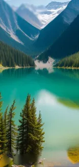 Serene mountain lake with pine trees and snowy peaks.