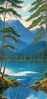 Scenic mountain lake with pine trees and tranquil blue waters.