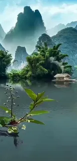 Serene mountain lake with lush greenery and misty background.