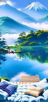 Serene landscape with mountain, lake, and swing.