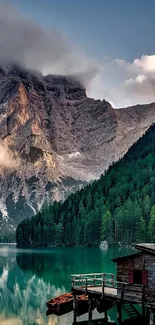 Mobile wallpaper of a tranquil mountain lake with forest and cliffs.