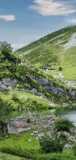 Tranquil mountain lake view with lush greenery.