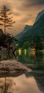 Serene mountain lake scene at sunset with reflections and greenery.