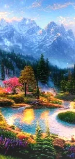 Vibrant mountain landscape with trees and colorful flowers.