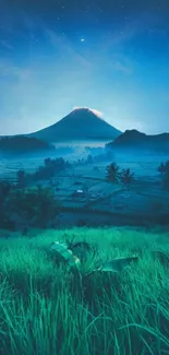 Serene night landscape with mountain under starry sky and lush greenery.