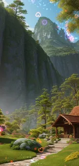 Scenic mountain view with a cabin amidst lush greenery and towering cliffs.