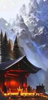 Mountain scene with cabin and snowy peaks in the background, creating a serene atmosphere.