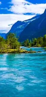 Tranquil mountain river with blue sky backdrop.