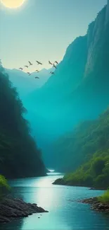 Serene wallpaper of river and lush mountains with a full moon and birds.