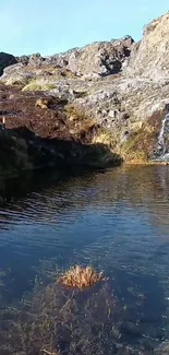 Serene mountain stream with clear waters and rocky background.