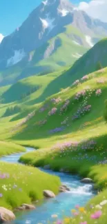 Lush green landscape with a winding stream and mountain backdrop.