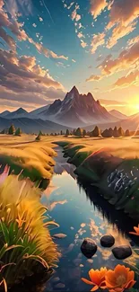 Sunset over mountains with river and orange flowers in scenic wallpaper.