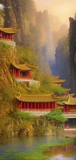 Serene mountain landscape with temples and greenery.