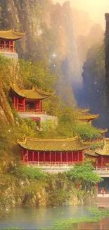 Tranquil mountain temple with lush greenery and serene atmosphere.