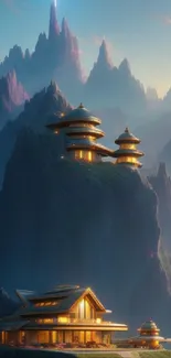 Tranquil temple on a majestic mountain with glowing sky.