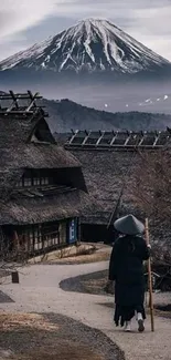 Peaceful village path with mountain view.