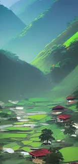 Serene mountain village with lush greenery and hills.