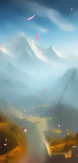 Majestic mountains with pink petals floating in a serene, sky blue landscape.