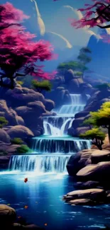 Tranquil waterfall scene with pink blossoms and lush greenery.