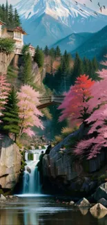 Mountain waterfall with cherry blossoms and lush green landscape.