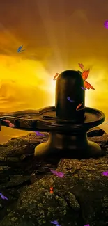 Spiritual Shivling with butterflies at sunset scene.