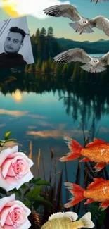 Serene lake scene with birds, fish, and roses in a mobile wallpaper.