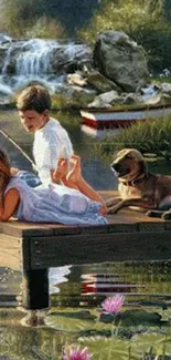 Kids and dog relaxing on a dock by the lake in a tranquil nature setting.