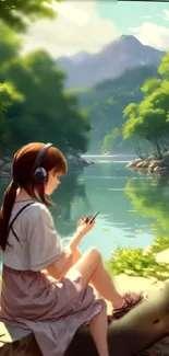 Girl relaxing by a tranquil lake, surrounded by lush greenery, wearing headphones.