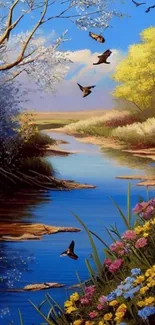 Serene river landscape with flowers and birds under a blue sky, perfect for backgrounds.