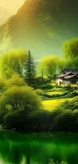 Tranquil nature landscape with trees and mountains.