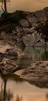 Serene nature landscape with rocks and water reflection.