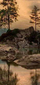 Tranquil nature landscape with trees reflected in a calm lake under a dramatic sky.