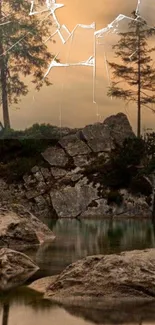 Serene nature with rocky landscape, trees, and calm water reflection.