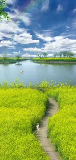 Serene landscape with river and green field mobile wallpaper.