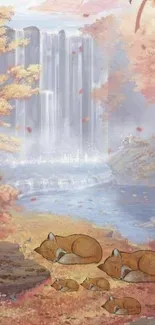 Autumn forest wallpaper with foxes by a waterfall, perfect for a tranquil phone background.