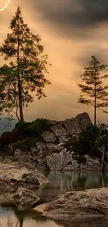 Tranquil landscape with trees and rocky terrain under an evening sky.