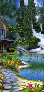 Peaceful nature landscape with waterfall and cottage.