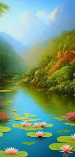 Green forest and river with lotus flowers wallpaper.