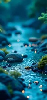 Tranquil stream with lush greenery and glowing lights.