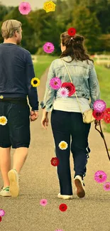 Couple walks dog on green path in nature.