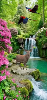 Serene nature scene with waterfall, deer, and colorful flowers.