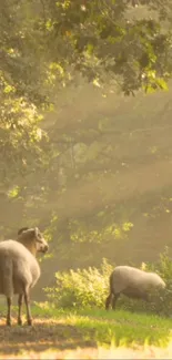 Two sheep grazing in a sunlit forest clearing.