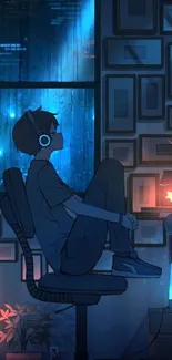 Anime character in a tranquil night room with glowing lamps and a starry window.