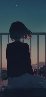 Silhouette of a girl against a city night sky in anime style.