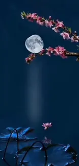 Night scene with cherry blossoms and moon reflection on water.